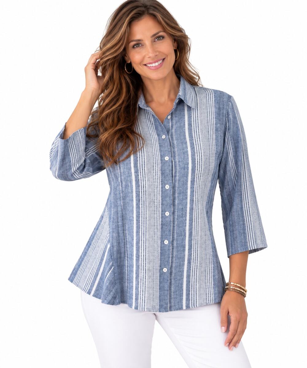 Soft Surroundings Livienne Top Womens Medium Blue Striped Linen Button Blouse